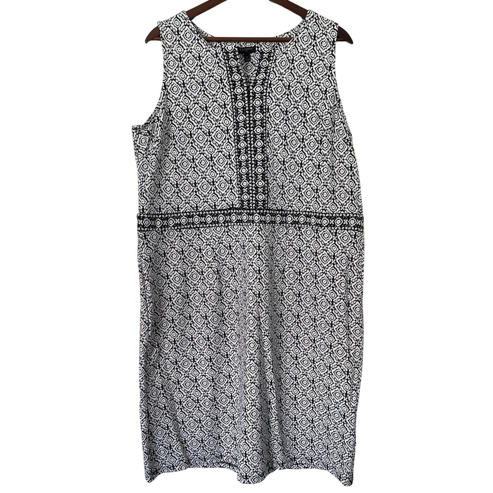 Talbots Plus Dress 1X Black White Geometric Print Sleeveless Stretch A Line